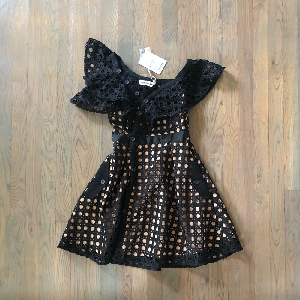 SELF PORTRAIT Guipure Frill Mini Dress - Black